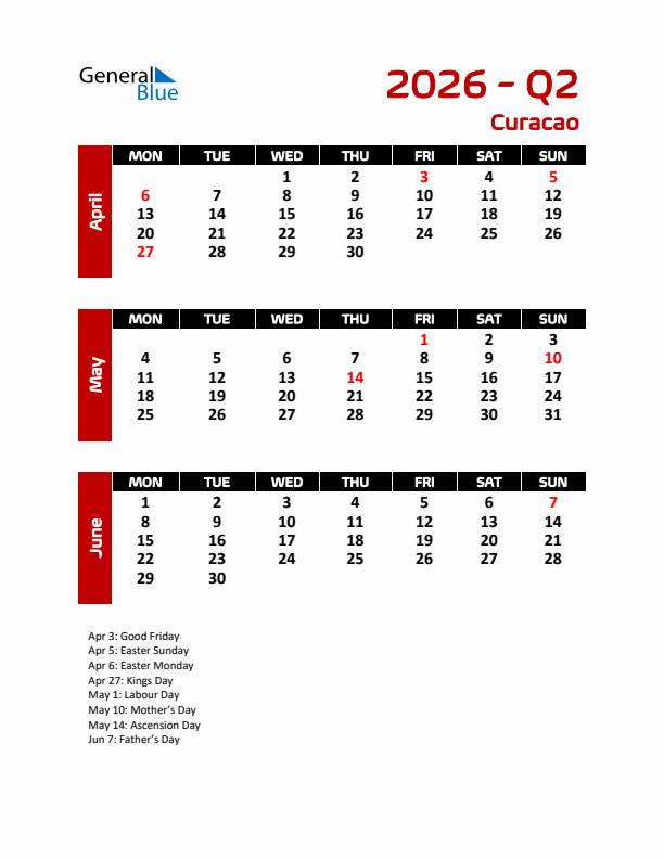 Q2 2026 Calendar with Holidays