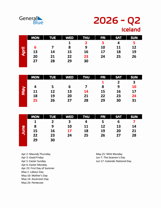 Q2 2026 Calendar with Holidays