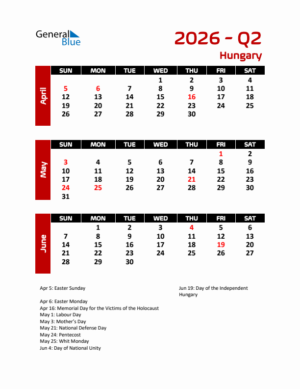 Q2 2026 Calendar with Holidays