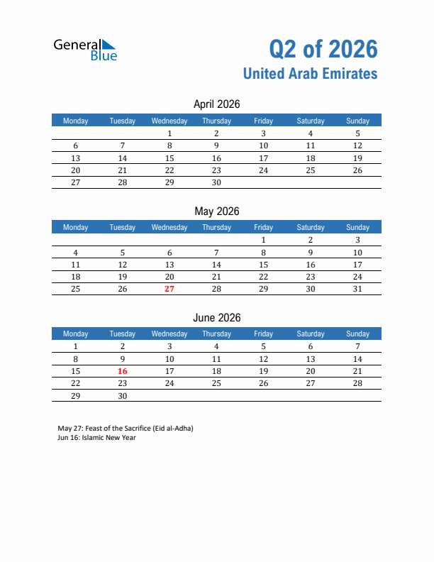 United Arab Emirates 2026 Quarterly Calendar with Monday Start