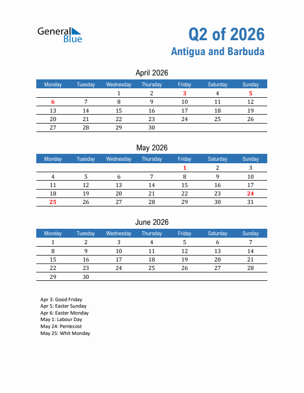 Antigua and Barbuda 2026 Quarterly Calendar with Monday Start
