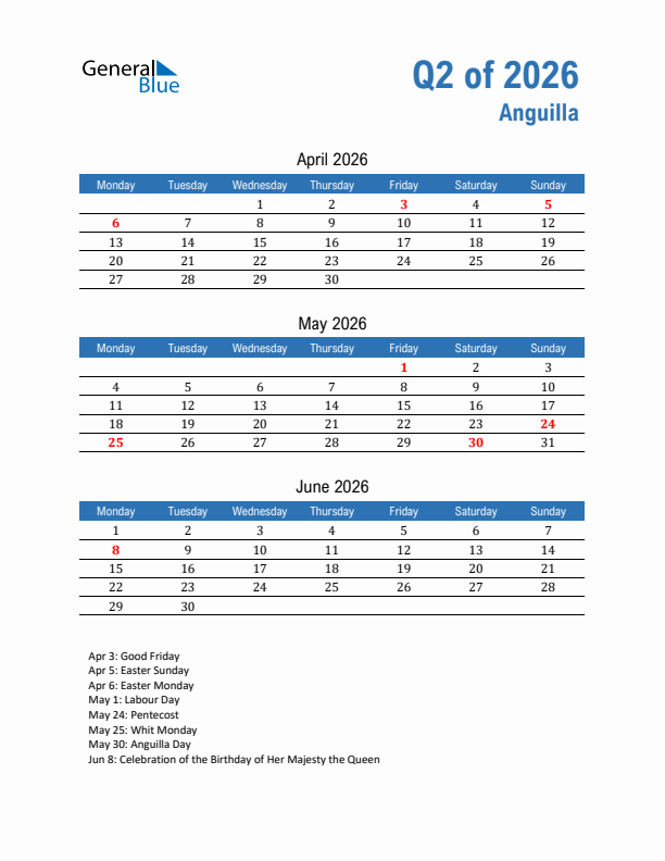 Anguilla 2026 Quarterly Calendar with Monday Start