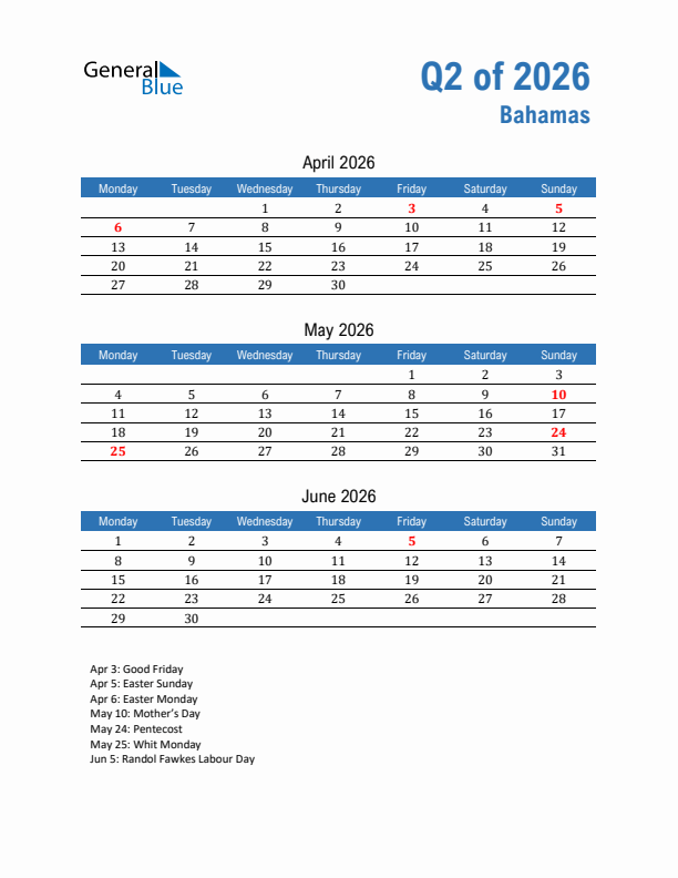 Bahamas 2026 Quarterly Calendar with Monday Start