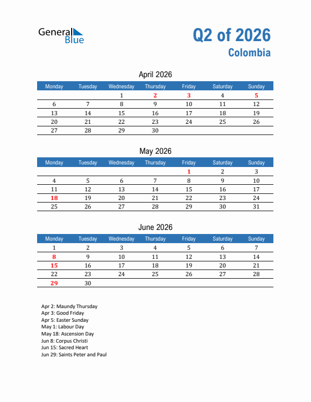 Colombia 2026 Quarterly Calendar with Monday Start