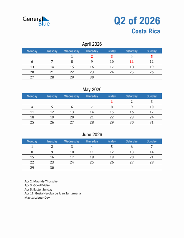 Costa Rica 2026 Quarterly Calendar with Monday Start