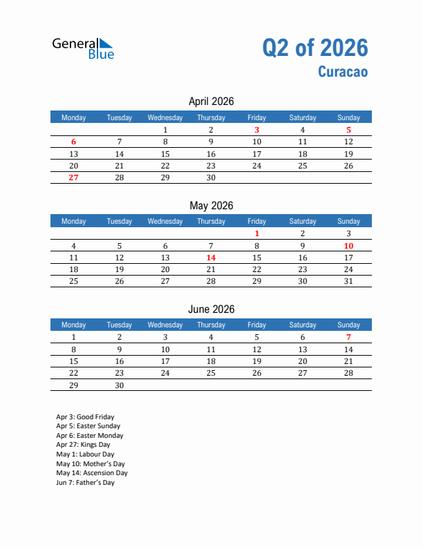 Curacao 2026 Quarterly Calendar with Monday Start