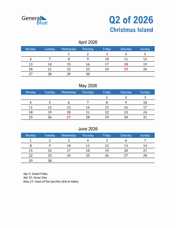 Christmas Island 2026 Quarterly Calendar with Monday Start