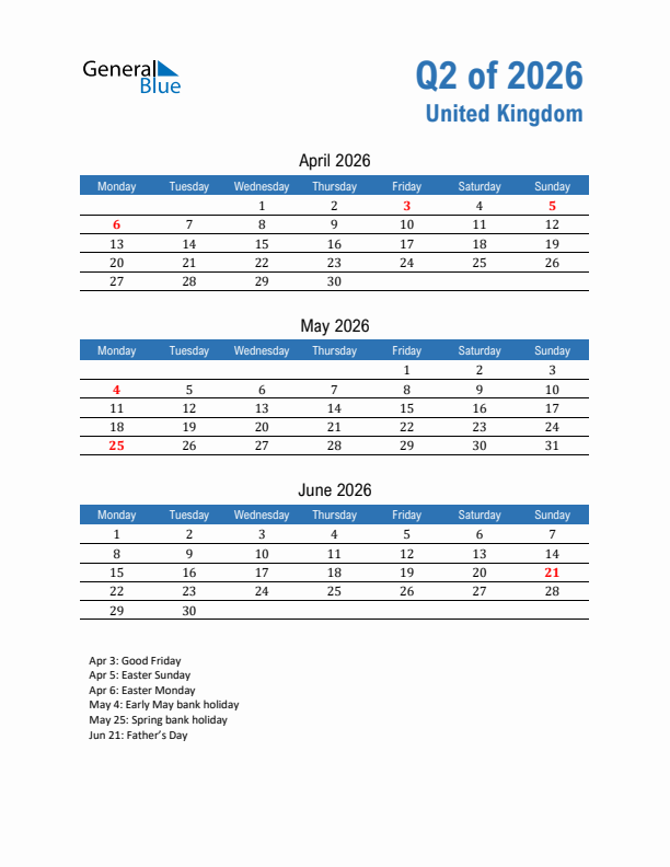 United Kingdom 2026 Quarterly Calendar with Monday Start