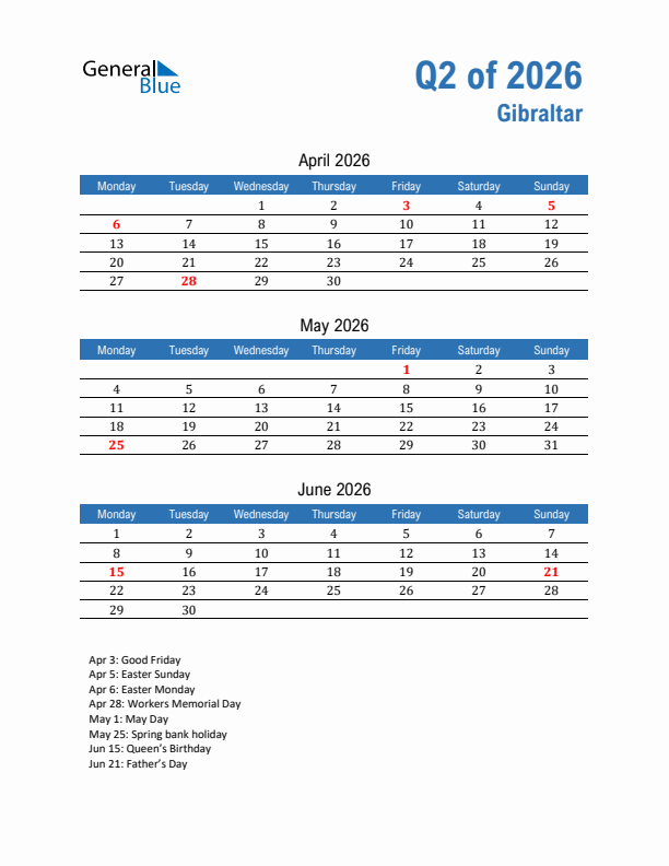 Gibraltar 2026 Quarterly Calendar with Monday Start