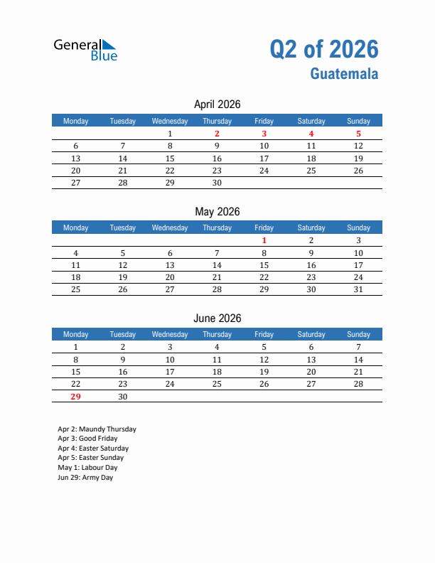 Guatemala 2026 Quarterly Calendar with Monday Start