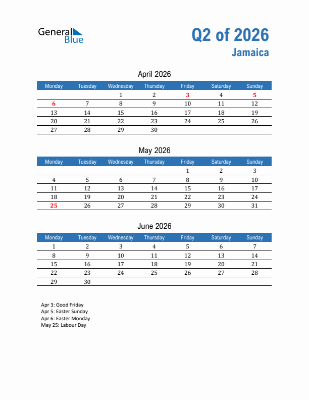 Jamaica 2026 Quarterly Calendar with Monday Start