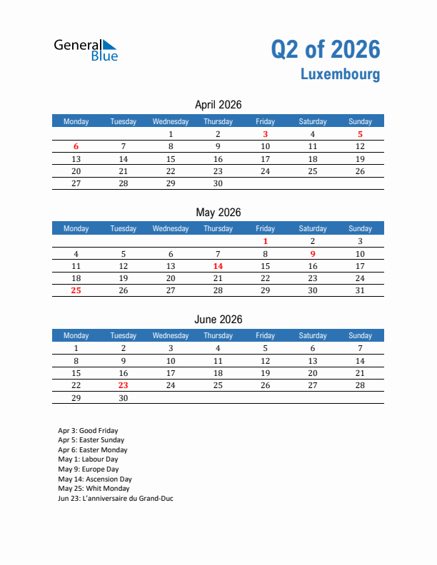 Luxembourg 2026 Quarterly Calendar with Monday Start