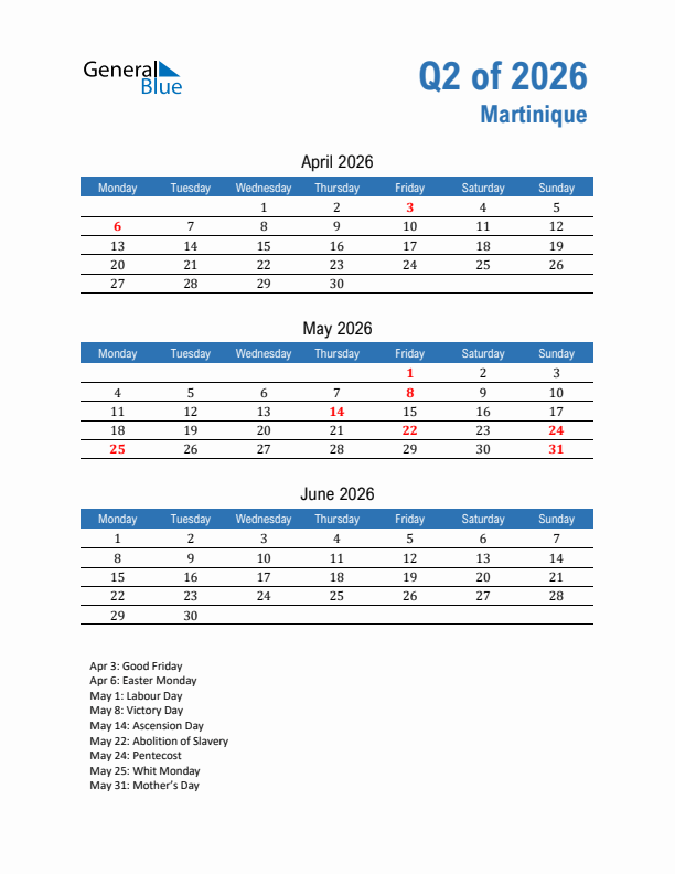 Martinique 2026 Quarterly Calendar with Monday Start