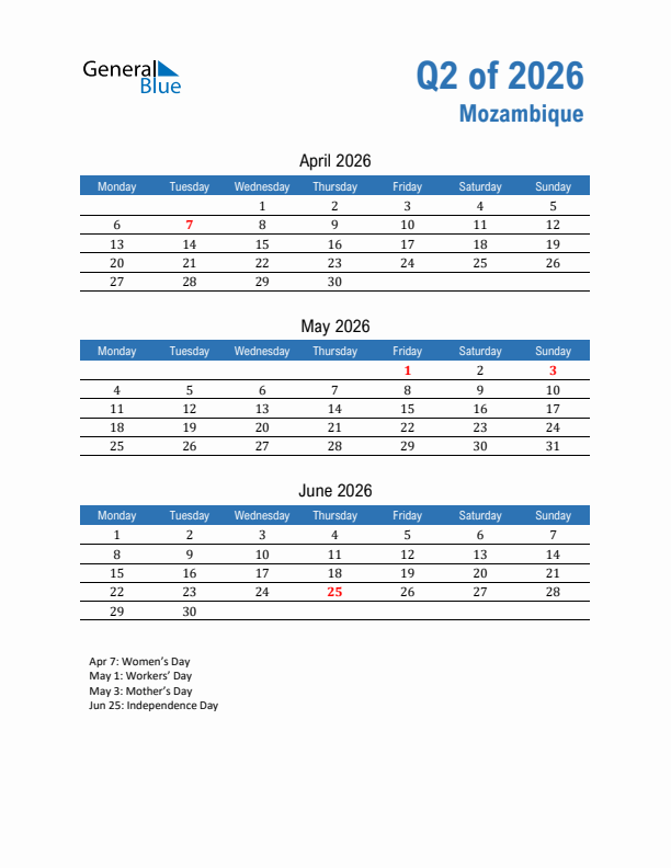 Mozambique 2026 Quarterly Calendar with Monday Start