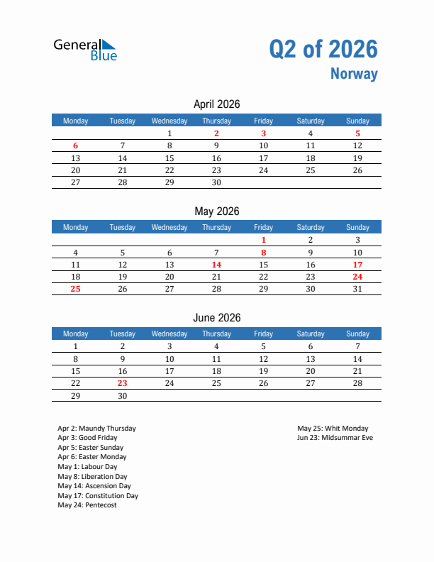 Norway 2026 Quarterly Calendar with Monday Start
