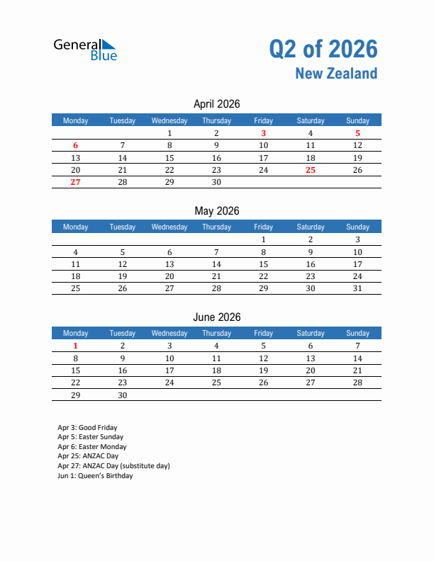 New Zealand 2026 Quarterly Calendar with Monday Start