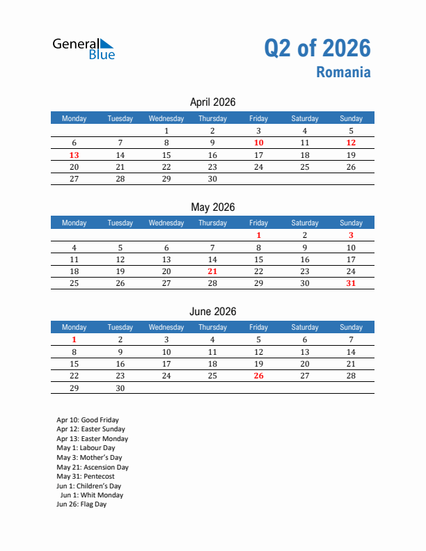 Romania 2026 Quarterly Calendar with Monday Start