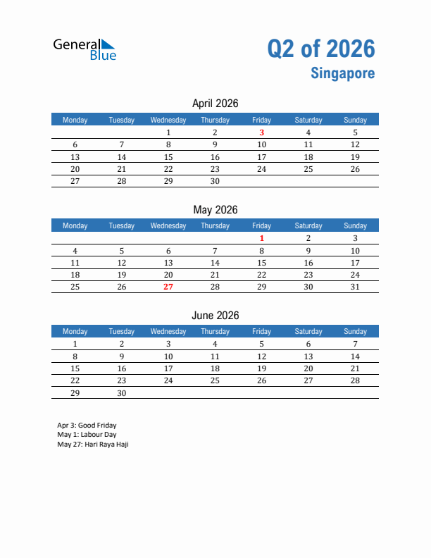 Singapore 2026 Quarterly Calendar with Monday Start