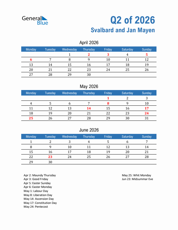 Svalbard and Jan Mayen 2026 Quarterly Calendar with Monday Start
