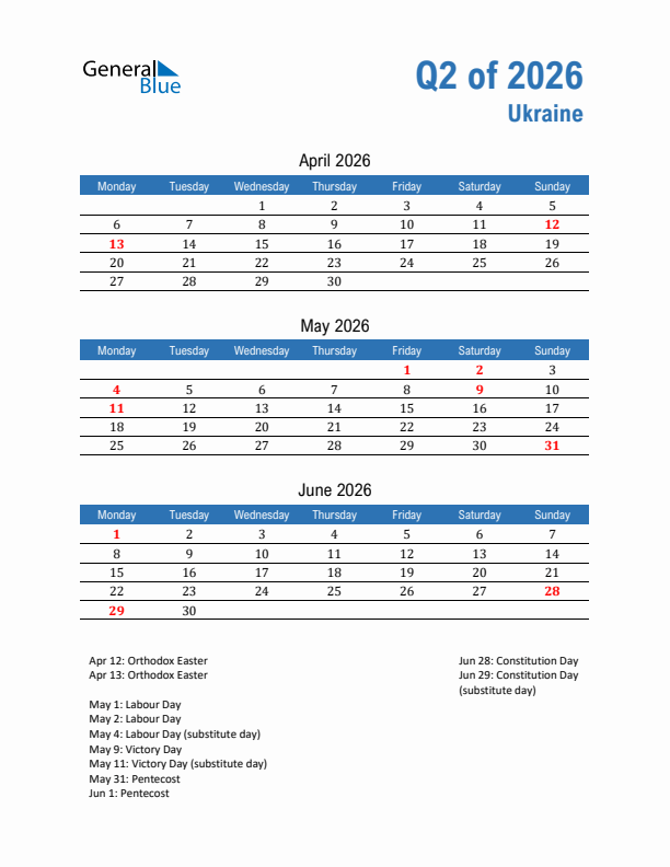 Ukraine 2026 Quarterly Calendar with Monday Start