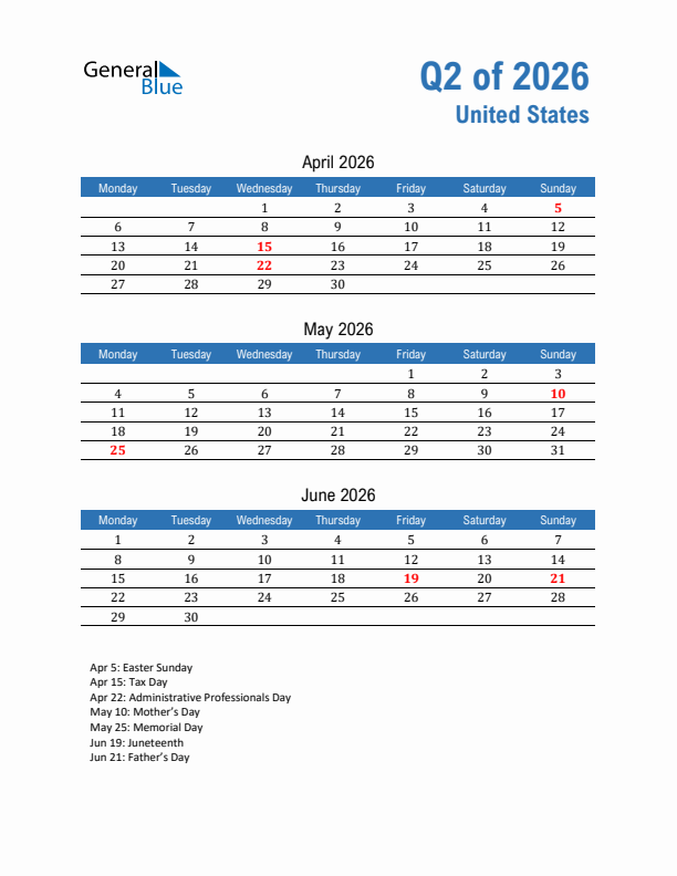 United States 2026 Quarterly Calendar with Monday Start