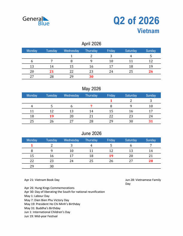 Vietnam 2026 Quarterly Calendar with Monday Start