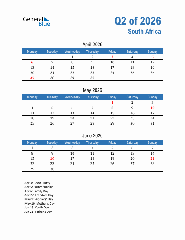 South Africa 2026 Quarterly Calendar with Monday Start