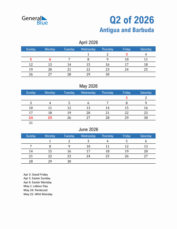 Antigua and Barbuda 2026 Quarterly Calendar with Sunday Start