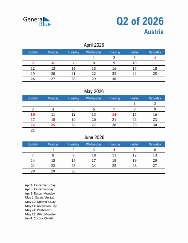 Austria 2026 Quarterly Calendar with Sunday Start