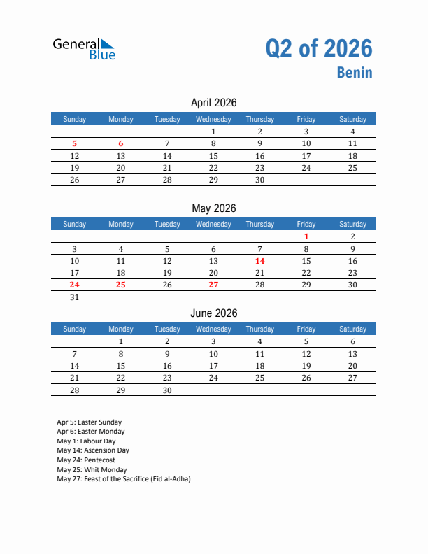 Benin 2026 Quarterly Calendar with Sunday Start