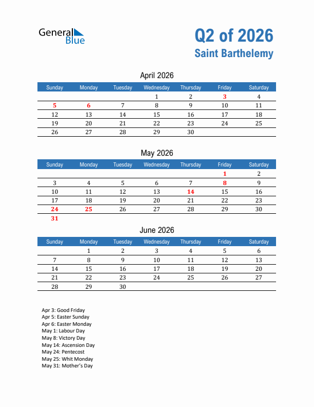 Saint Barthelemy 2026 Quarterly Calendar with Sunday Start