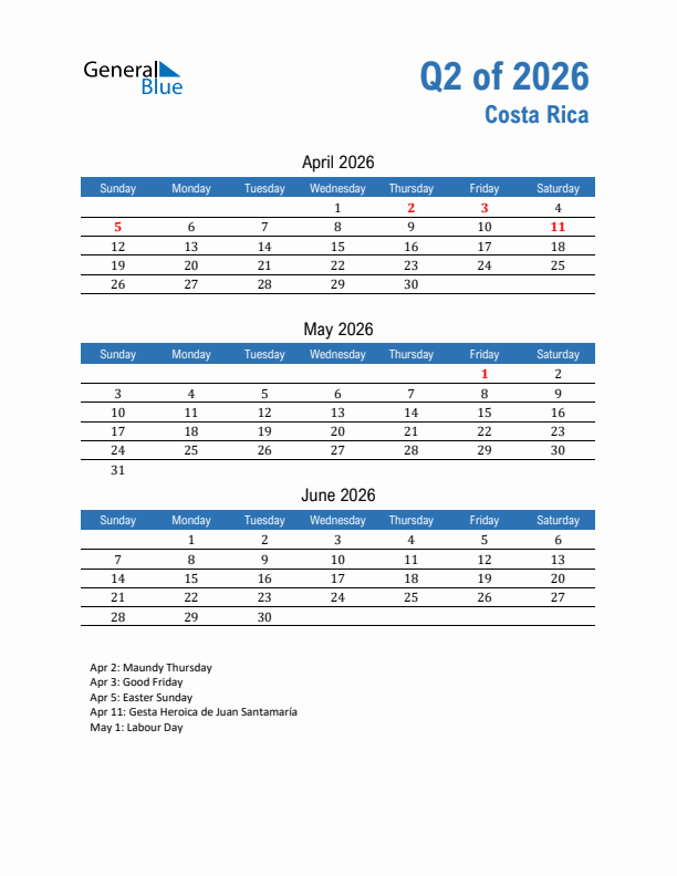 Costa Rica 2026 Quarterly Calendar with Sunday Start