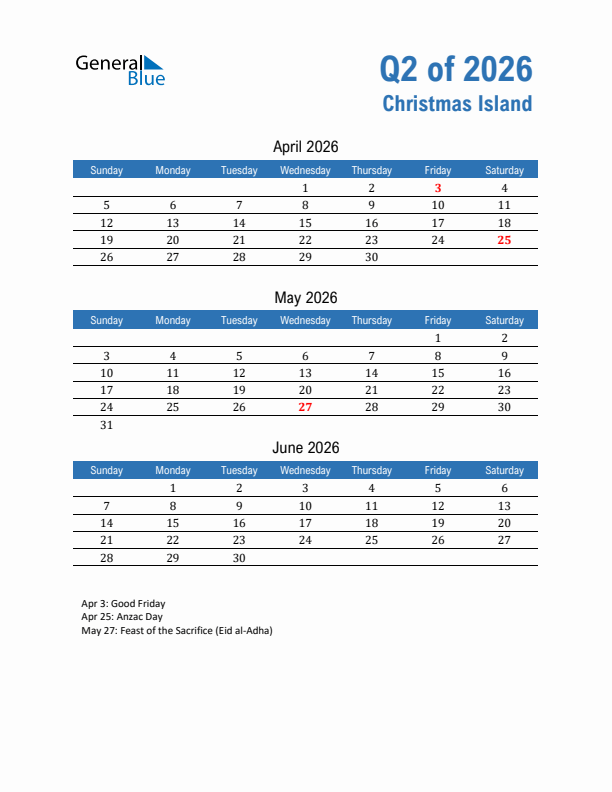 Christmas Island 2026 Quarterly Calendar with Sunday Start