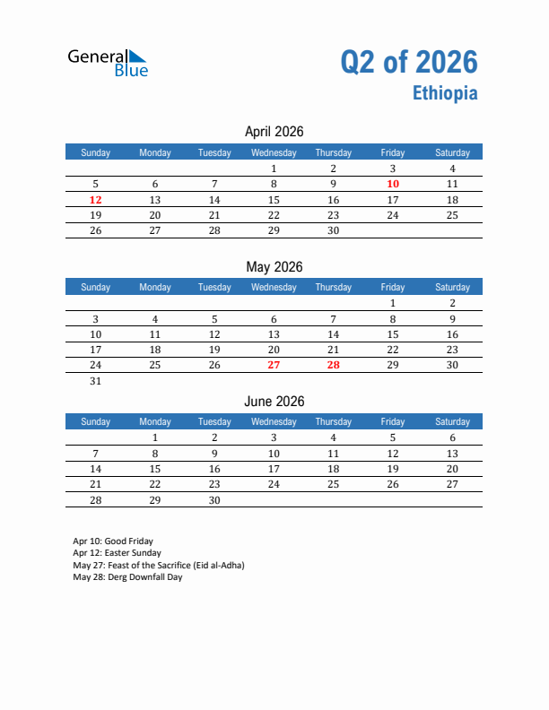 Ethiopia 2026 Quarterly Calendar with Sunday Start