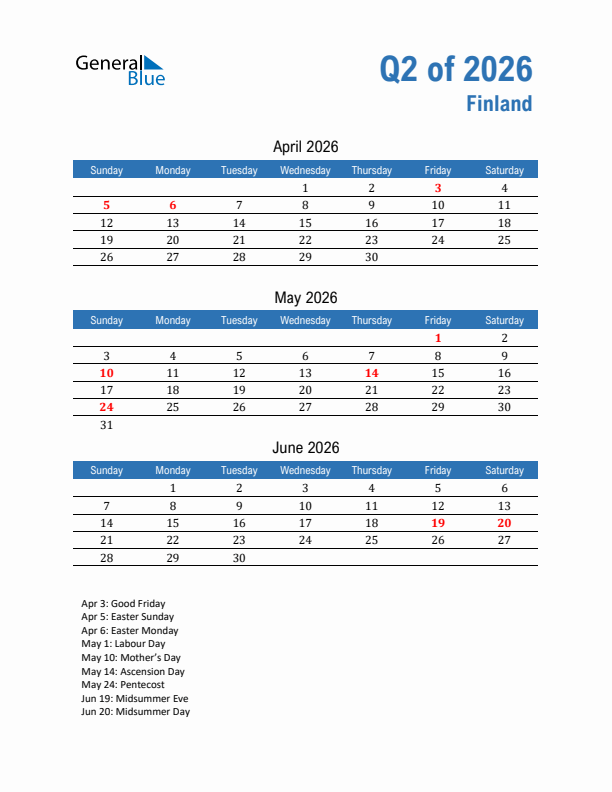 Finland 2026 Quarterly Calendar with Sunday Start