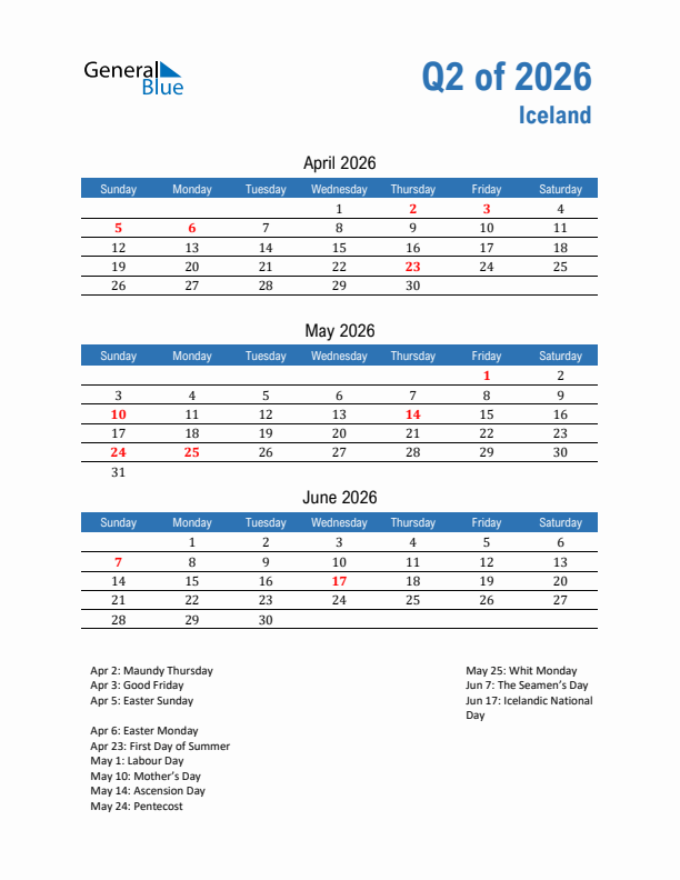 Iceland 2026 Quarterly Calendar with Sunday Start
