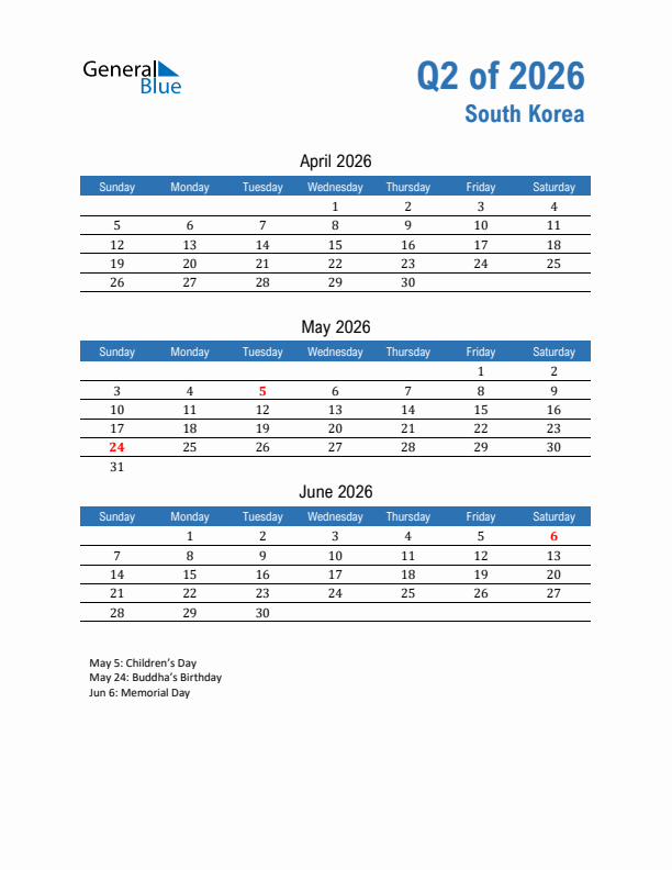 South Korea 2026 Quarterly Calendar with Sunday Start