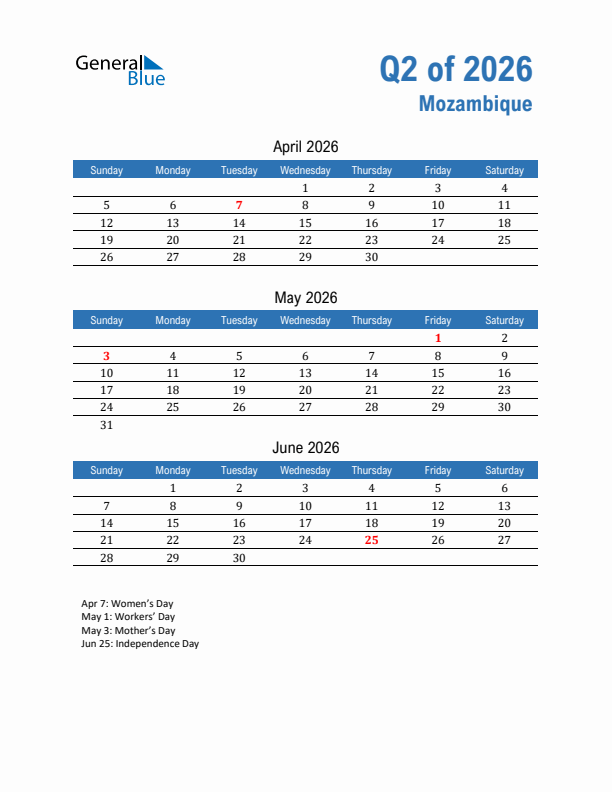 Mozambique 2026 Quarterly Calendar with Sunday Start