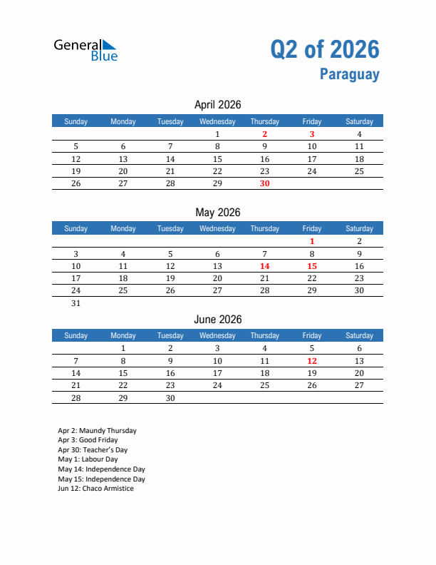Paraguay 2026 Quarterly Calendar with Sunday Start