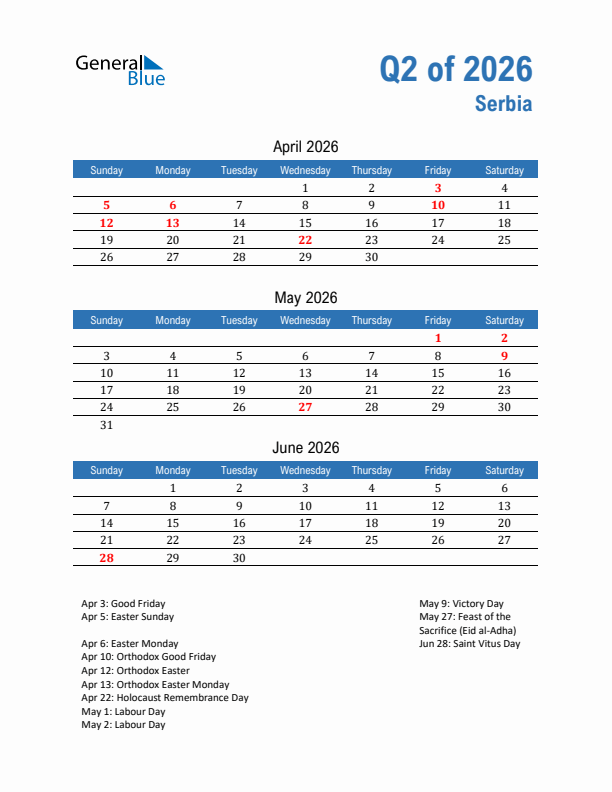 Serbia 2026 Quarterly Calendar with Sunday Start