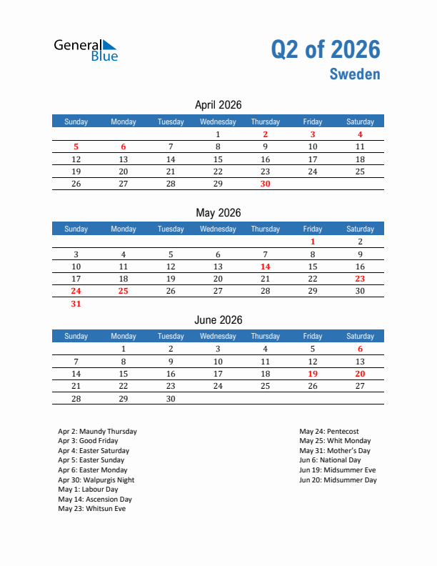 Sweden 2026 Quarterly Calendar with Sunday Start
