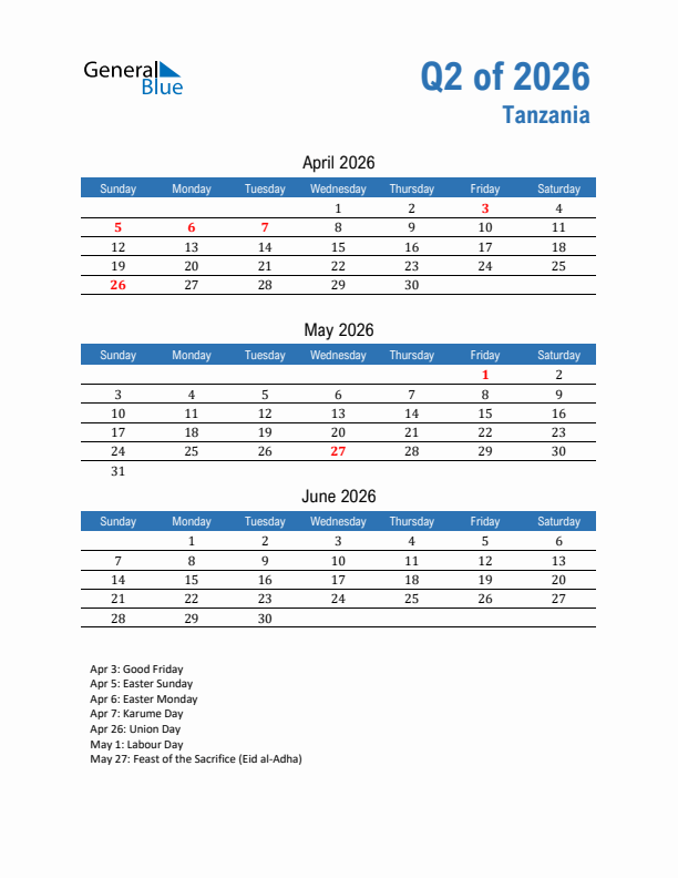 Tanzania 2026 Quarterly Calendar with Sunday Start