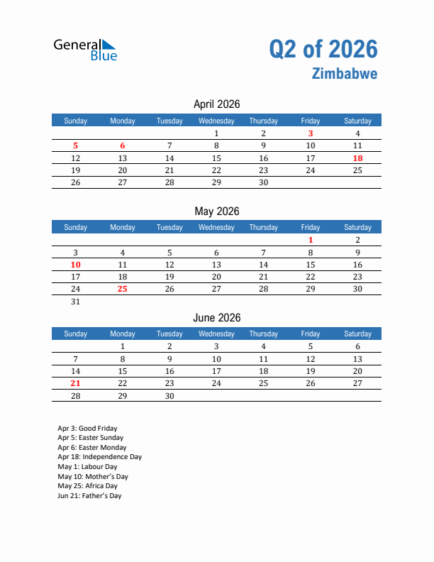Zimbabwe 2026 Quarterly Calendar with Sunday Start