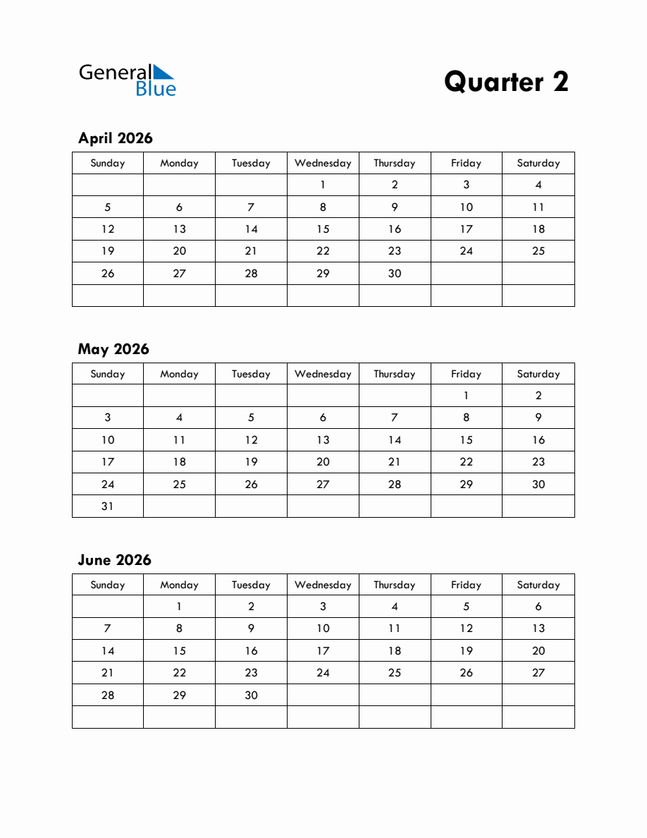 Quarter 2 2026 Calendar with Sunday Start