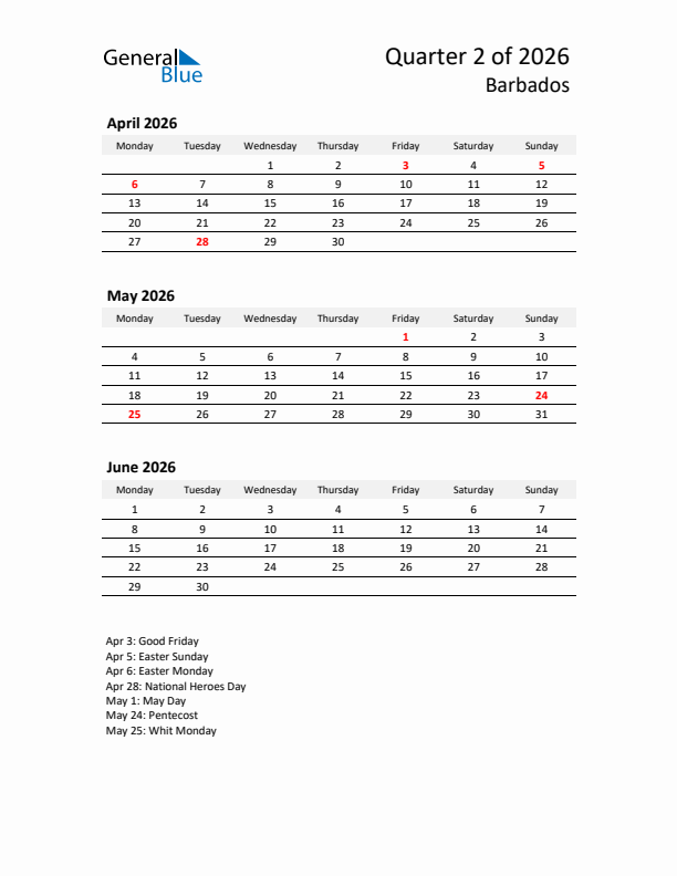 2026 Three-Month Calendar for Barbados
