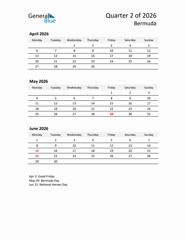 2026 Three-Month Calendar for Bermuda