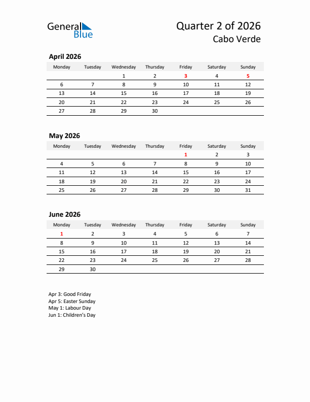 2026 Three-Month Calendar for Cabo Verde