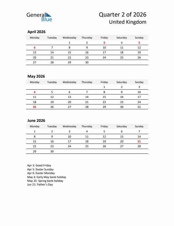 2026 Three-Month Calendar for United Kingdom