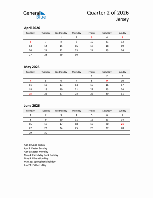 2026 Three-Month Calendar for Jersey