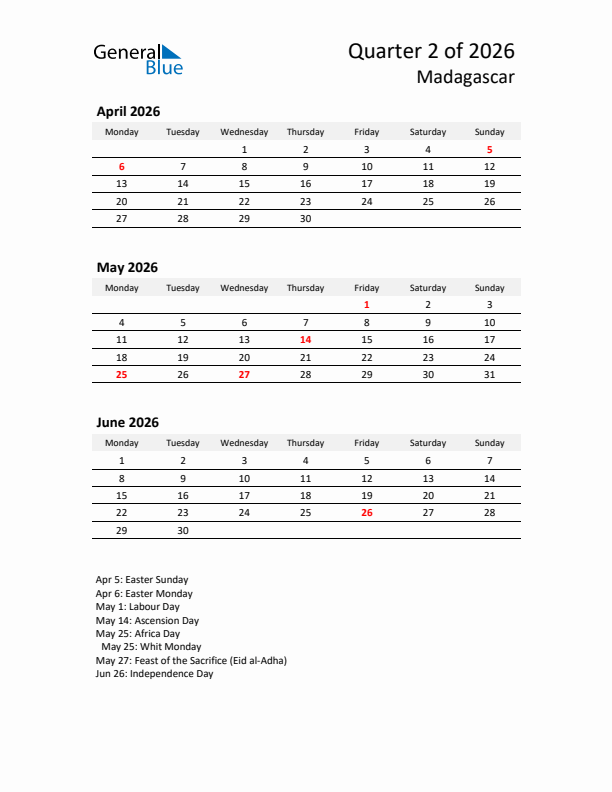 2026 Three-Month Calendar for Madagascar